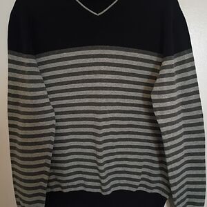 ARMI Men's Classic V-Neck Black and Gray Striped Sweater 100% Cotton Sz XL